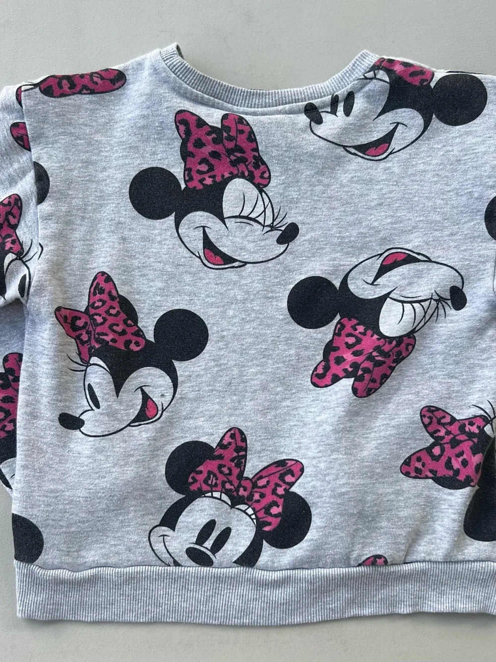 Disney Girls Gray Pullover Sweatshirt with Pink Leopard Minnie Print